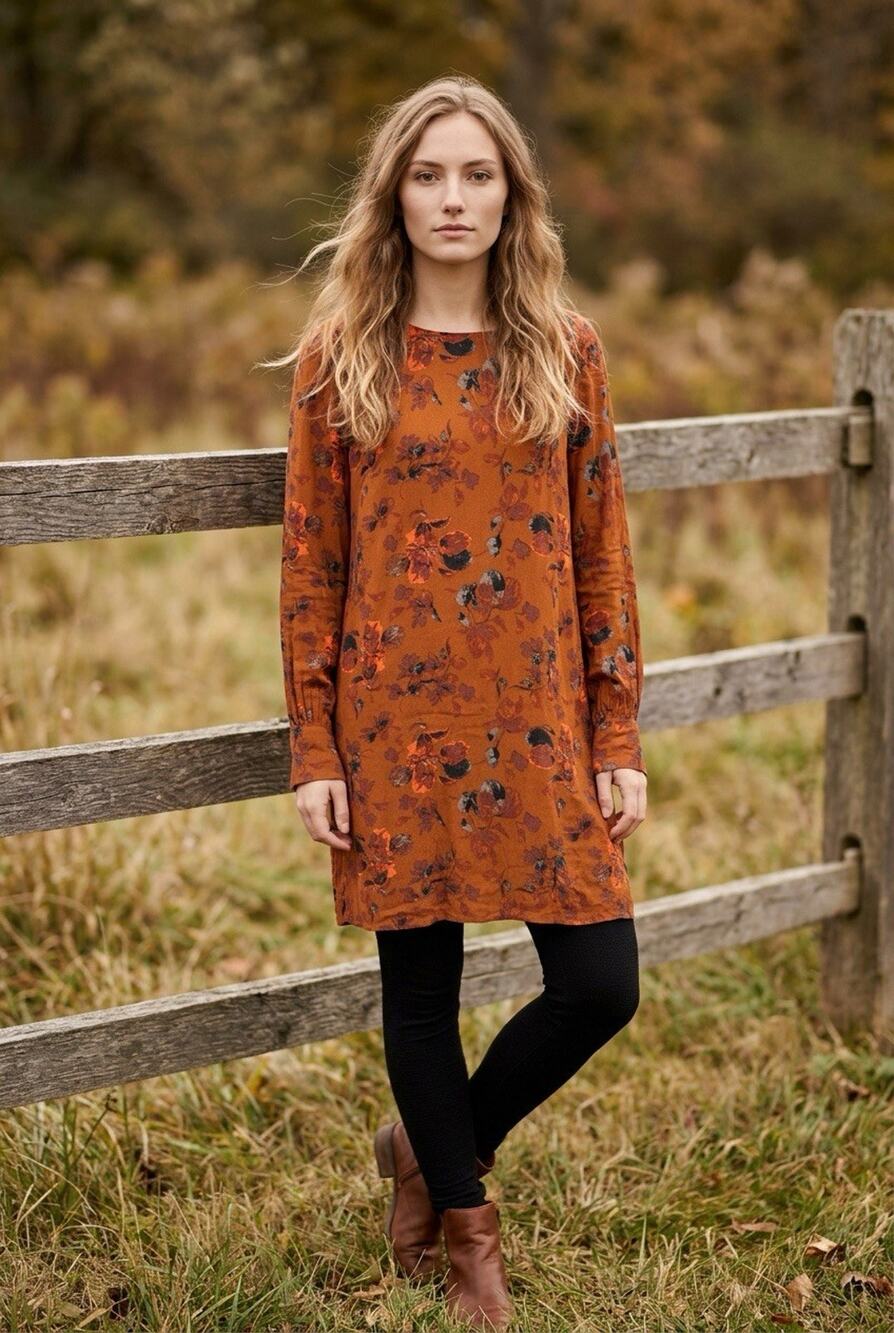 Leith Women's Floral Long Sleeve Orange Shift Dress Large